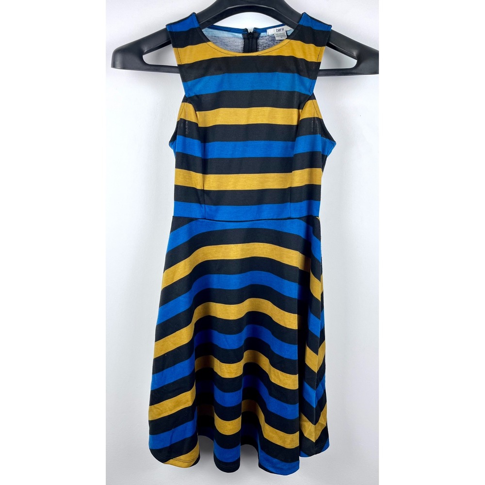 Bar III Small Blue Black Mustard Striped Fit & Flare Skater Dress S